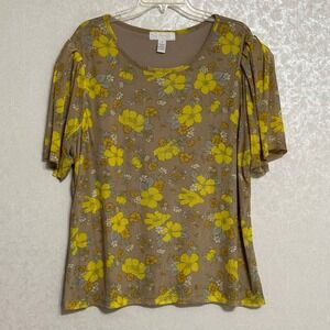 So It Is 2X Floral Print Top Puff Short Sleeve Shirt Yellow‎ Brown Blouse Boho